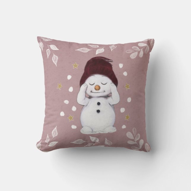 Cute Peaceful Snowman Pink Christmas Holiday Throw Pillow (Front)