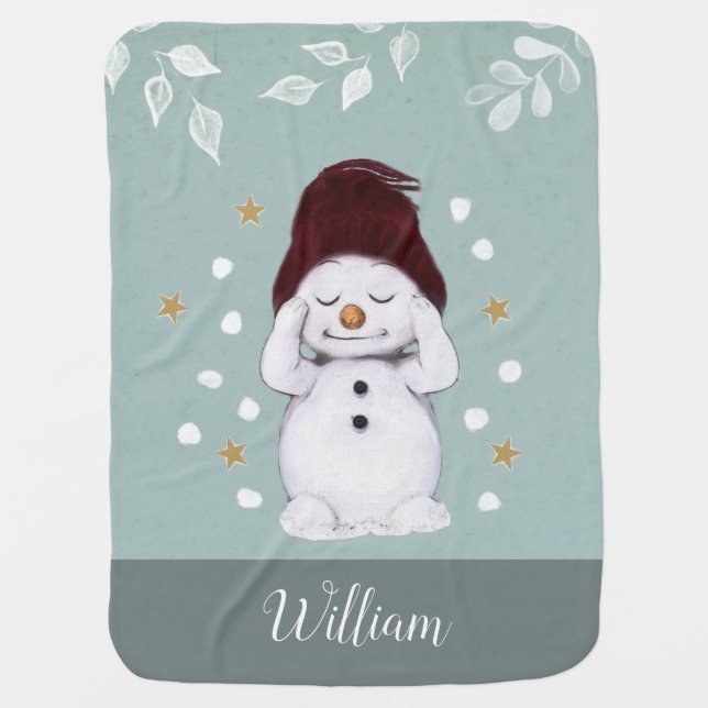 Cute Peaceful Snowman Winter Blue Christmas Baby Blanket (Front)
