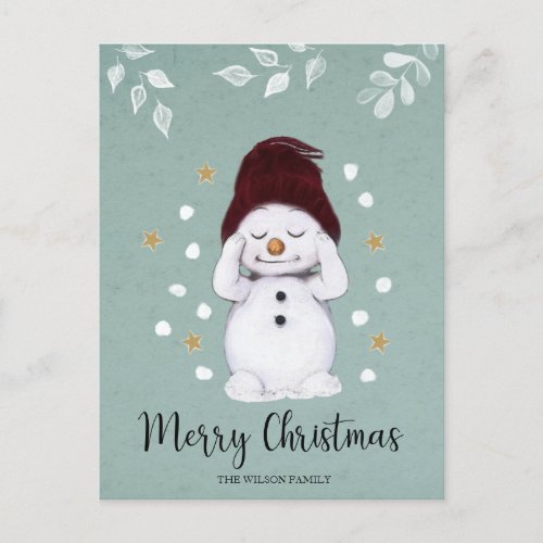 Cute Peaceful Snowman Winter Blue Christmas Holiday Postcard