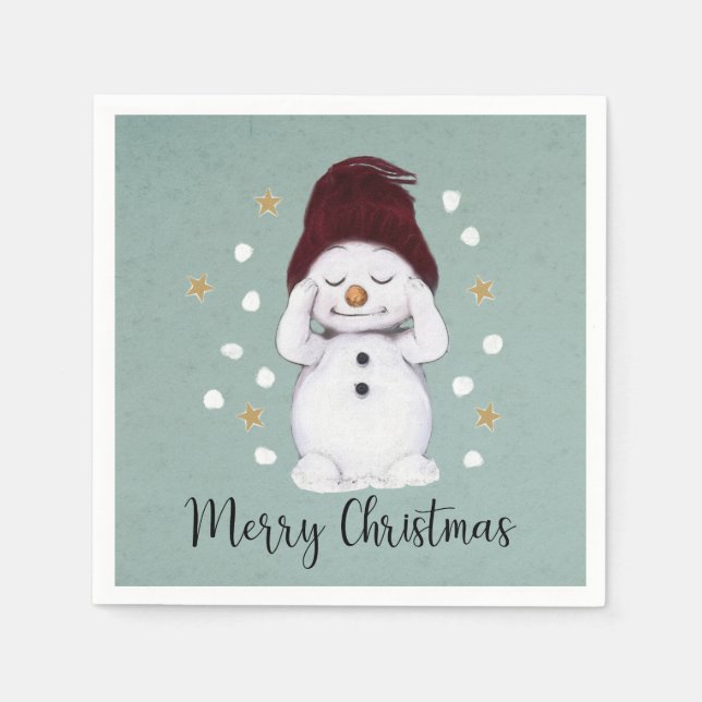 Cute Peaceful Snowman Winter Blue Christmas Napkins (Front)