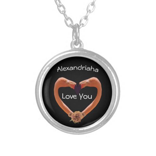 Cute Peach Black Flamingo Heart Rose Silver Plated Necklace