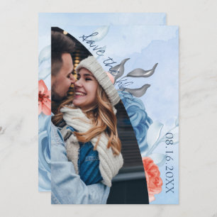 Cute Peach Blue Floral Photo Wedding Save The Date Announcement