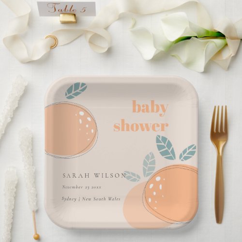 Cute Peach Blush Orange Fruity Bold Baby Shower Paper Plates