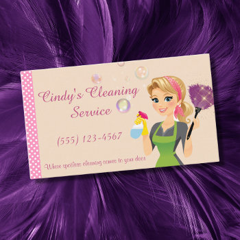 Cute Peach Cartoon Maid House Cleaning Services Business Card by tyraobryant at Zazzle