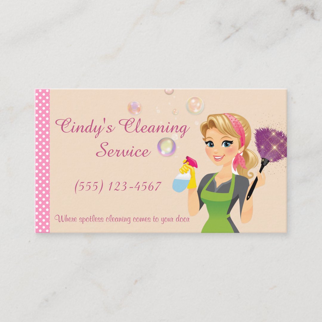 Cute Peach Cartoon Maid House Cleaning Services Business Card | Zazzle