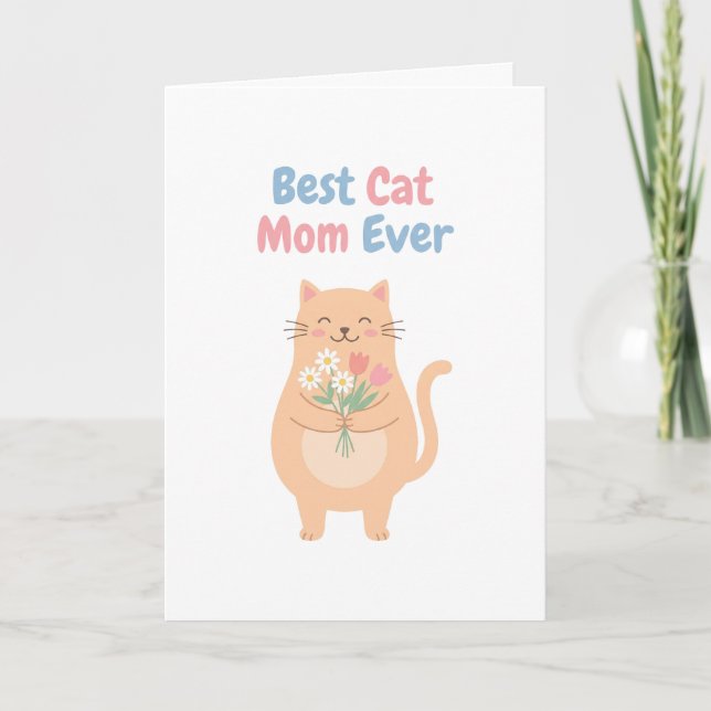 Cute Peach Cat Holding Flowers Illustration Card (Front)