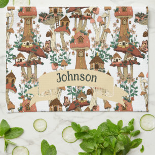 Cute Peach Cottagecore Floral Mushroom Pattern Kitchen Towel