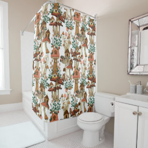Cute Peach Cottagecore Floral Mushroom Pattern Shower Curtain