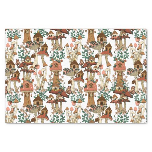 Cute Peach Cottagecore Floral Mushroom Pattern Tissue Paper