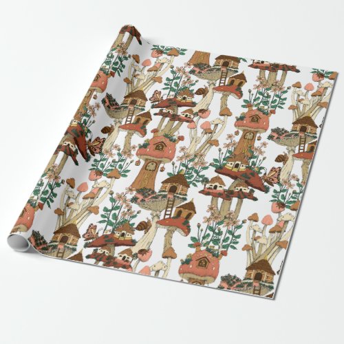 Cute Peach Cottagecore Floral Mushroom Pattern Wrapping Paper