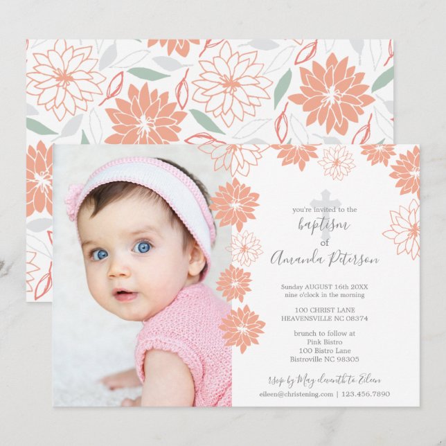 Cute Peach Floral Pattern Cross Girl Baptism Invitation (Front/Back)