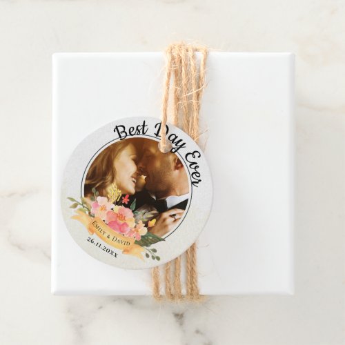 Cute Peach Floral Photo Best Day Ever Wedding Favor Tags