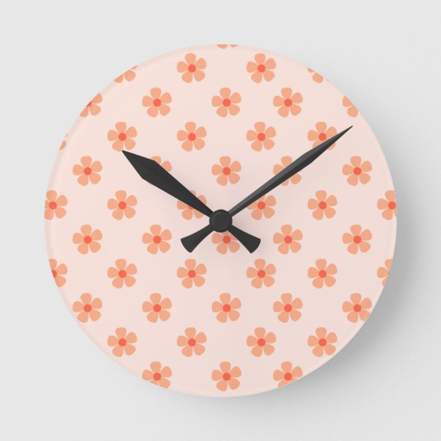 Cute Peach Flower Pattern Minimal Floral Aesthetic Round Clock (Front)