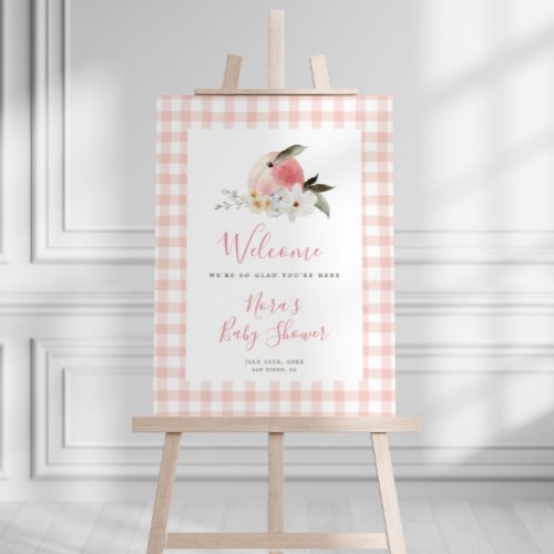 Cute Peach Gingham Frame Baby Shower Welcome Sign