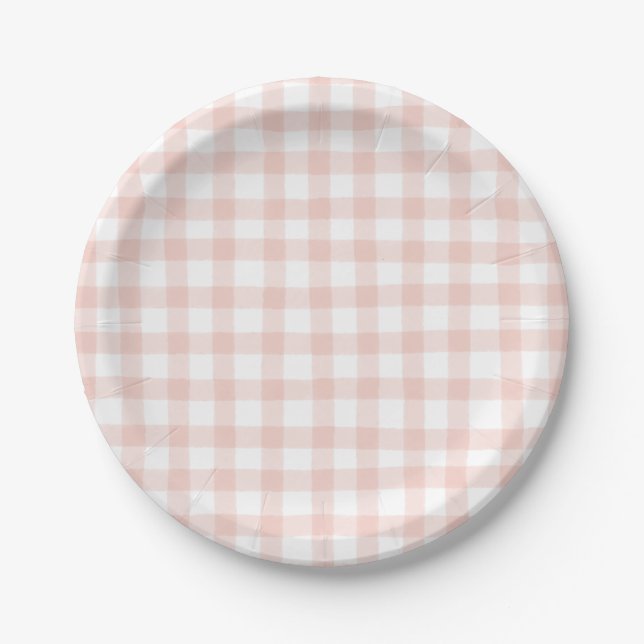 Cute Peach Gingham Paper Plates (Front)