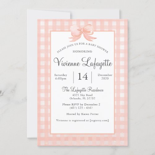 Cute Peach Gingham with Bow Baby Shower Invitation