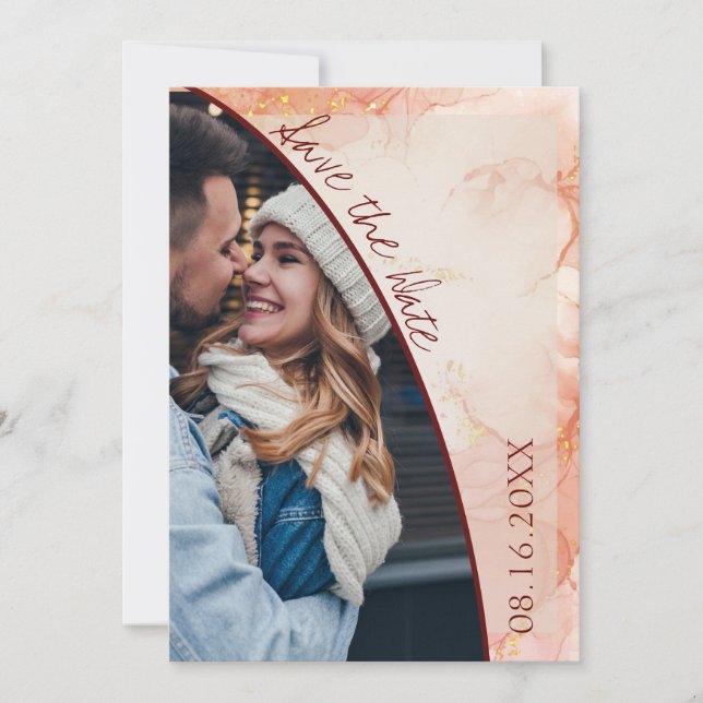 Cute Peach Gold Marble Photo Wedding Save The Date Announcement (Front)