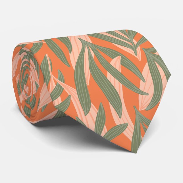 cute peach green tropical leaf pattern  neck tie (Rolled)