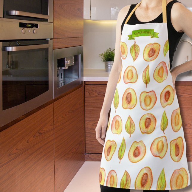 Cute Peach Halves Green Leaves Design Custom Name  Apron (Creator Uploaded)