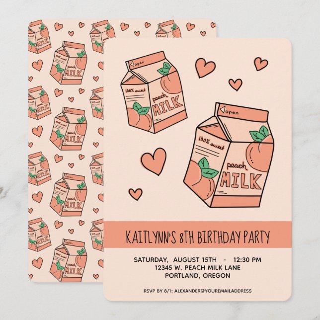 Cute Peach Milk Birthday Party Invitation (Front/Back)
