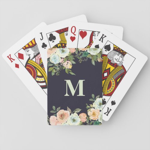 Cute Peach Mint Flowers Black Monogram Initial Playing Cards