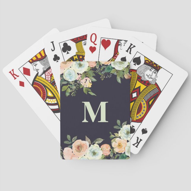 Cute Peach Mint Flowers Black Monogram Initial Poker Cards (Back)