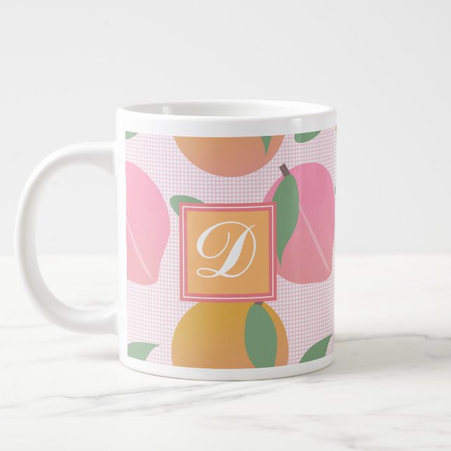 Cute Peach Orange Fruit Pattern Pink Giant Coffee Mug (Left)