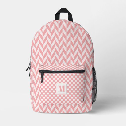 Cute Peach Pink Herringbone  Polkadots Monogram Printed Backpack