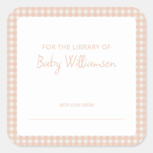 Cute Peach Plaid Gingham Baby Shower Bookplate