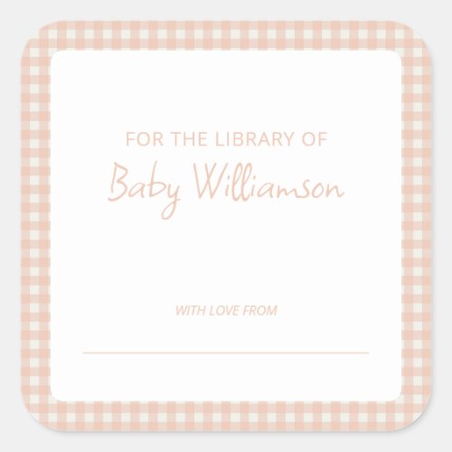 Cute Peach Plaid Gingham Baby Shower Bookplate