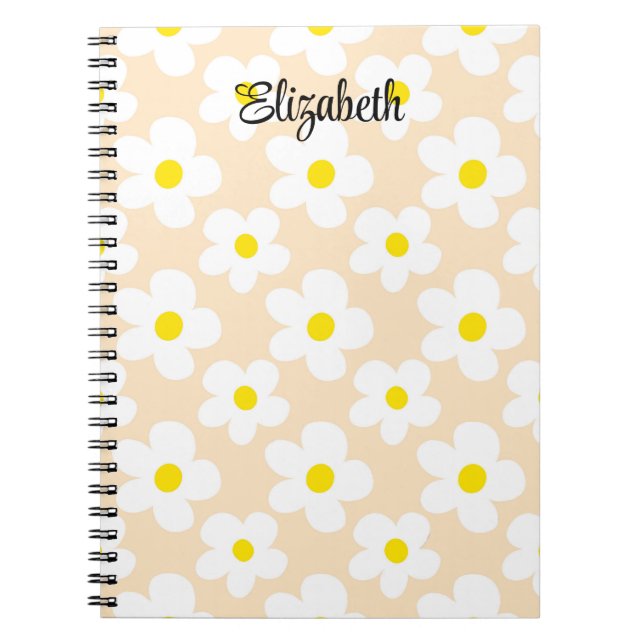 Cute peach retro daisies girly journaling notebook (Front)