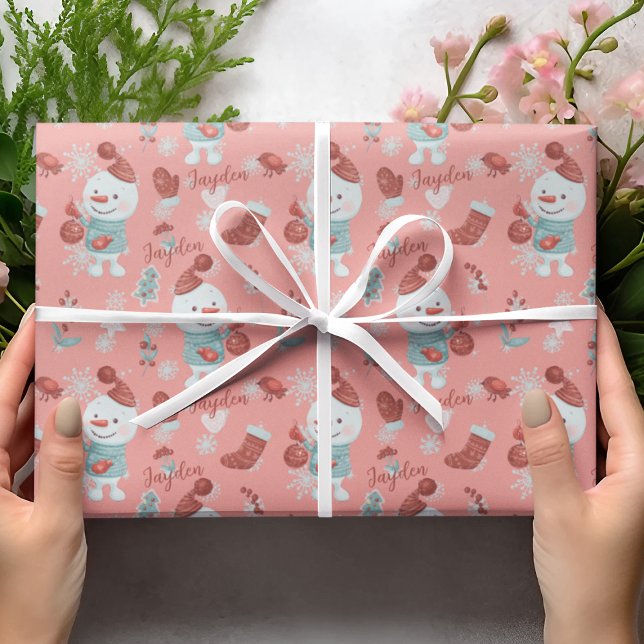 Cute Peach Snowman Pattern Custom Name Girl Wrapping Paper (Cute Peach Snowman Cartoon Girl Custom Name Wrapping Paper
)