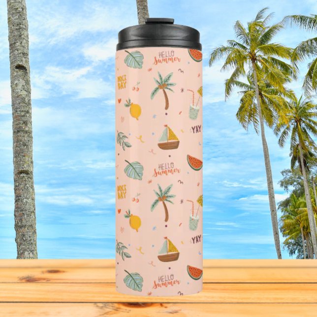 Cute Peach Summer Colorful Thermal Tumbler (Close up, On the table)