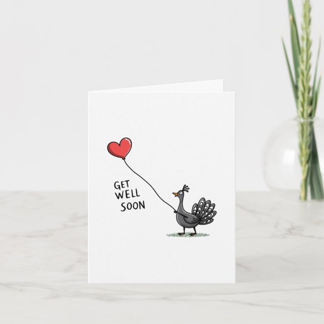 Cute Peacock Get Well Card With Heart Balloon (Front)