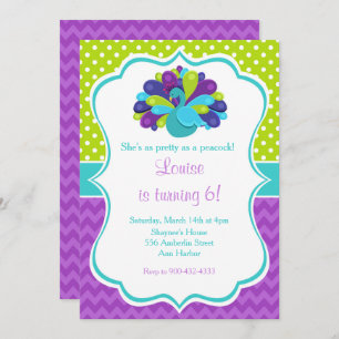 Cute Peacock Green and Purple Birthday Invitation