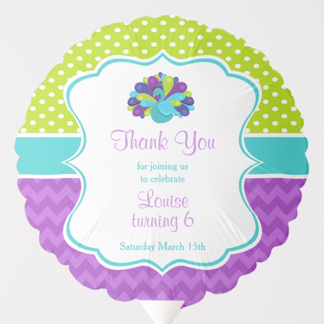 Cute Peacock Green and Purple Birthday Party Balloon (Front)