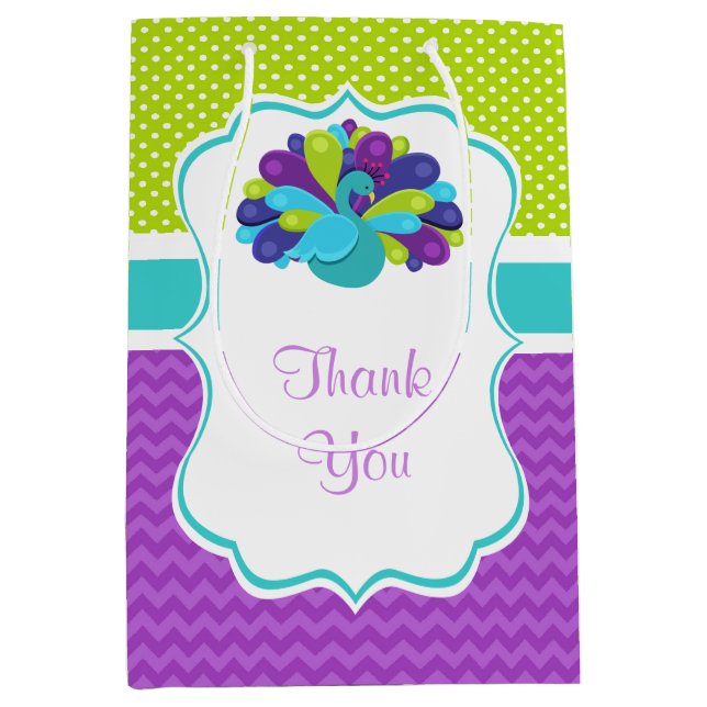 Cute Peacock Green and Purple Birthday Thank You Medium Gift Bag (Front)