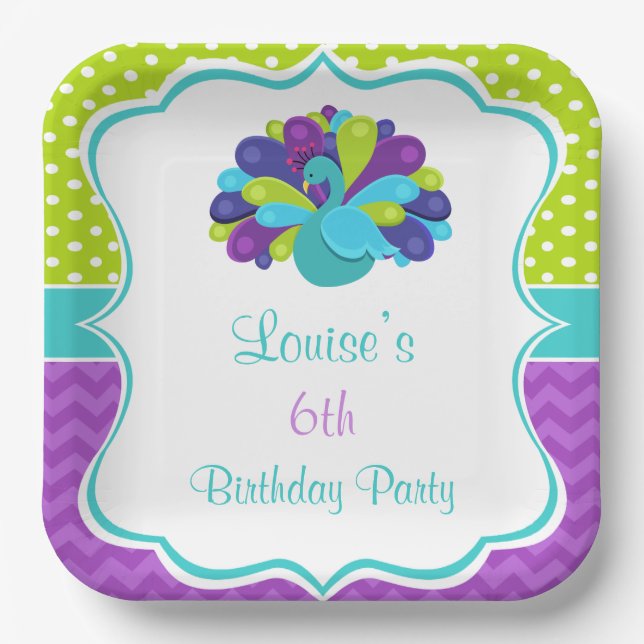 Cute Peacock Green and Purple Paper Plates (Front)