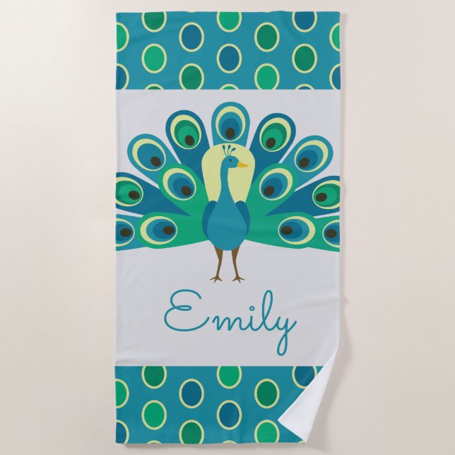 Cute Peacock Personalized Beach Towel (Front)