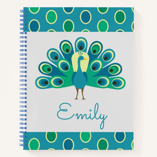 Cute Peacock Personalized Spiral Notebook (Front)