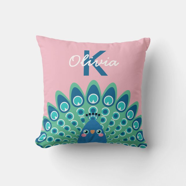Cute Peacock | Pink Monogrammed Throw Pillow (Front)