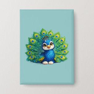 Cute Peacock with Big Eyes Kawaii Bird Design Button