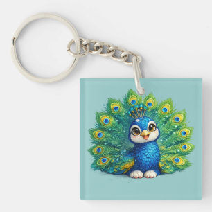 Cute Peacock with Big Eyes Kawaii Bird Design Keychain