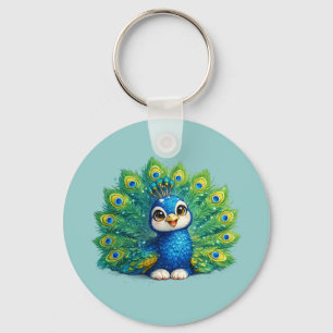Cute Peacock with Big Eyes Kawaii Bird Design Keychain