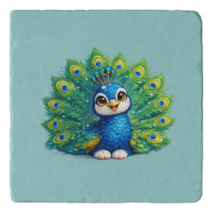 Cute Peacock with Big Eyes Kawaii Bird Design Trivet