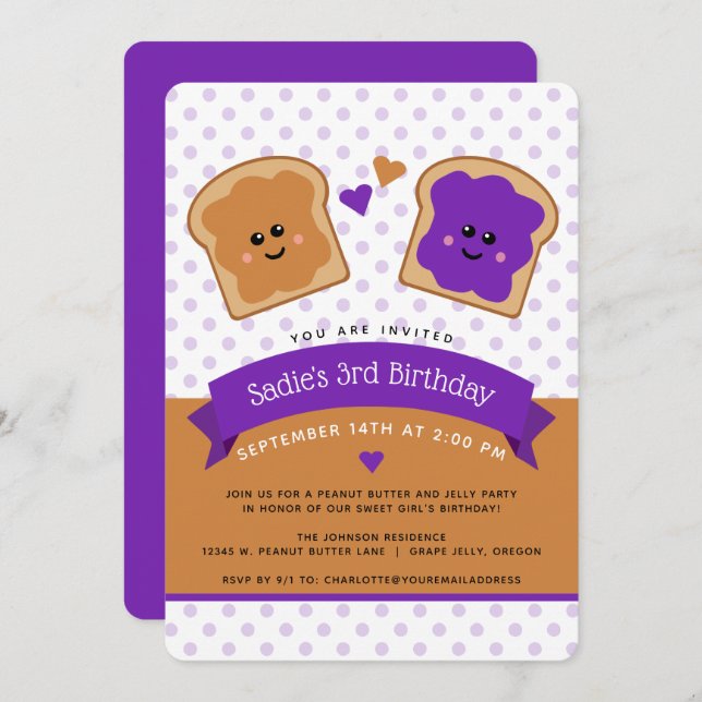 Cute Peanut Butter and Jelly Birthday Invitation (Front/Back)