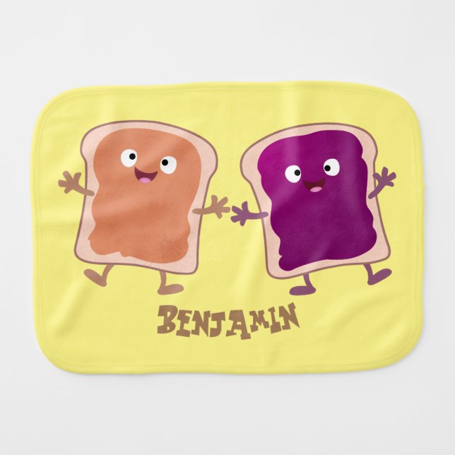 Cute peanut butter and jelly sandwich cartoon baby burp cloth (Front Horizontal)