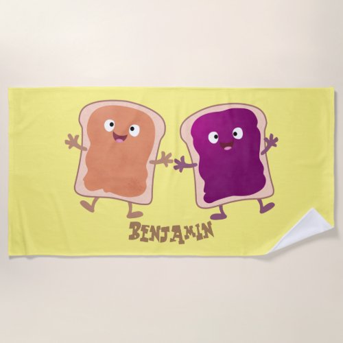 Cute peanut butter and jelly sandwich cartoon beach towel