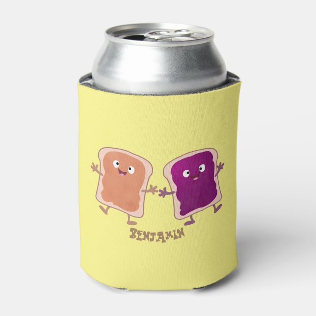 Cute peanut butter and jelly sandwich cartoon can cooler (Can Front)