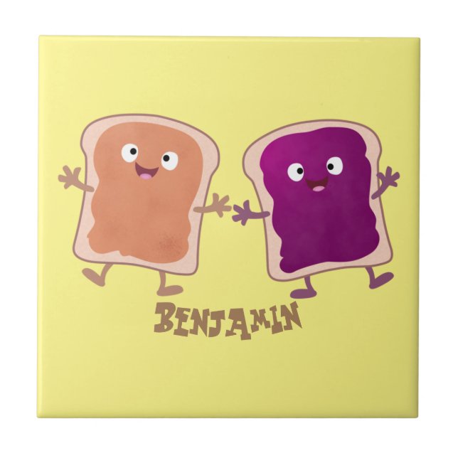 Cute peanut butter and jelly sandwich cartoon ceramic tile (Front)